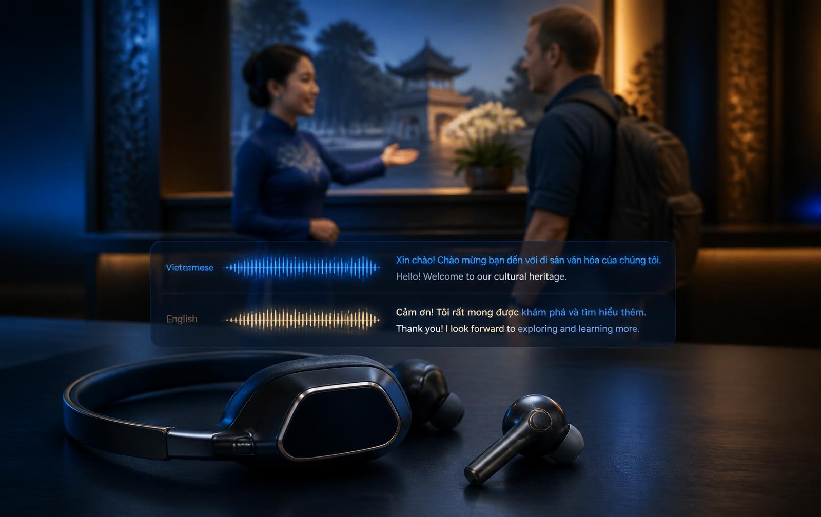 Tai nghe thông dịch AI với giao diện sóng âm song ngữ trong bối cảnh hướng dẫn du khách